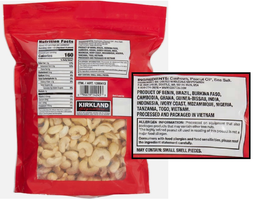 Back of a Kirkland Signature cashew bag. The label lists 14 countries of origin and says the cashews were processed and packaged in Vietnam.